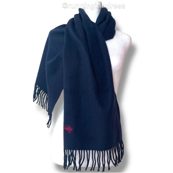 Vintage Cashmere Scarf In Navy Blue With Red Equestrian Knight Design Logo - Picture 3 of 9